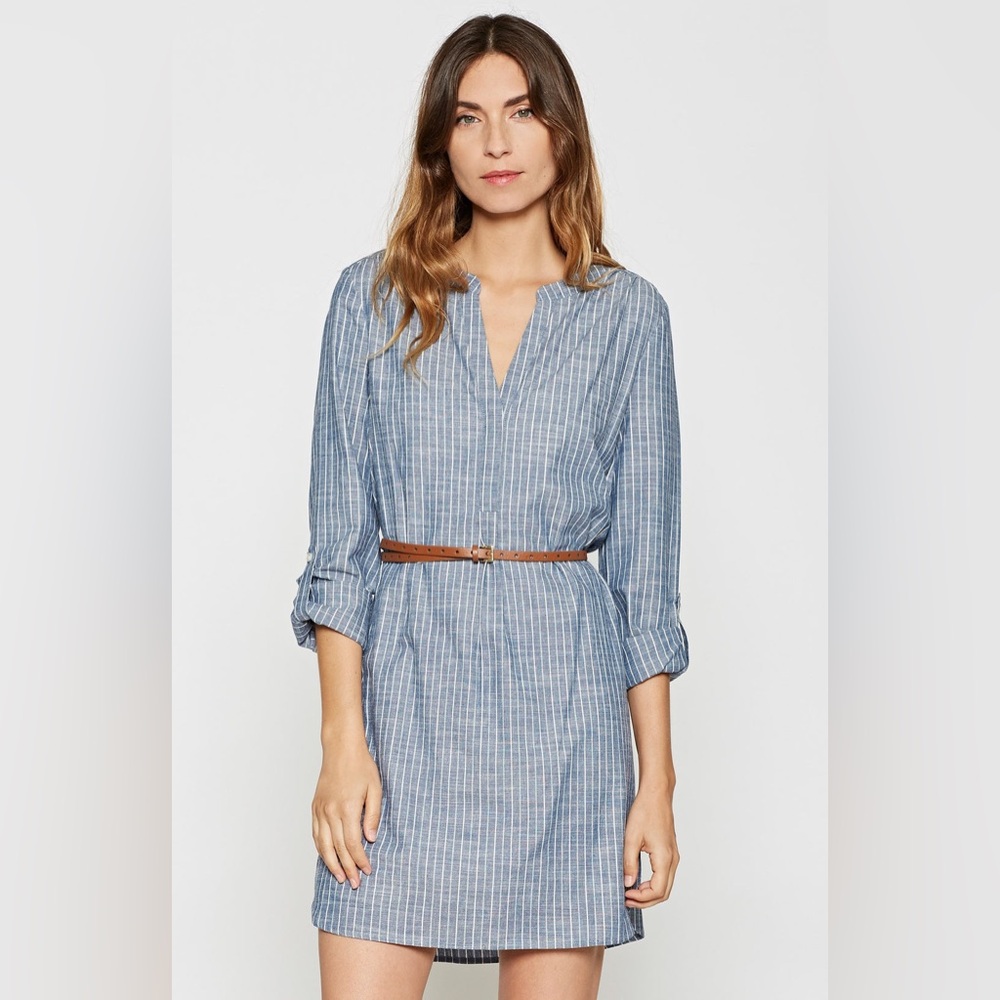 Casual Blue Striped Shirt Dress with Belt